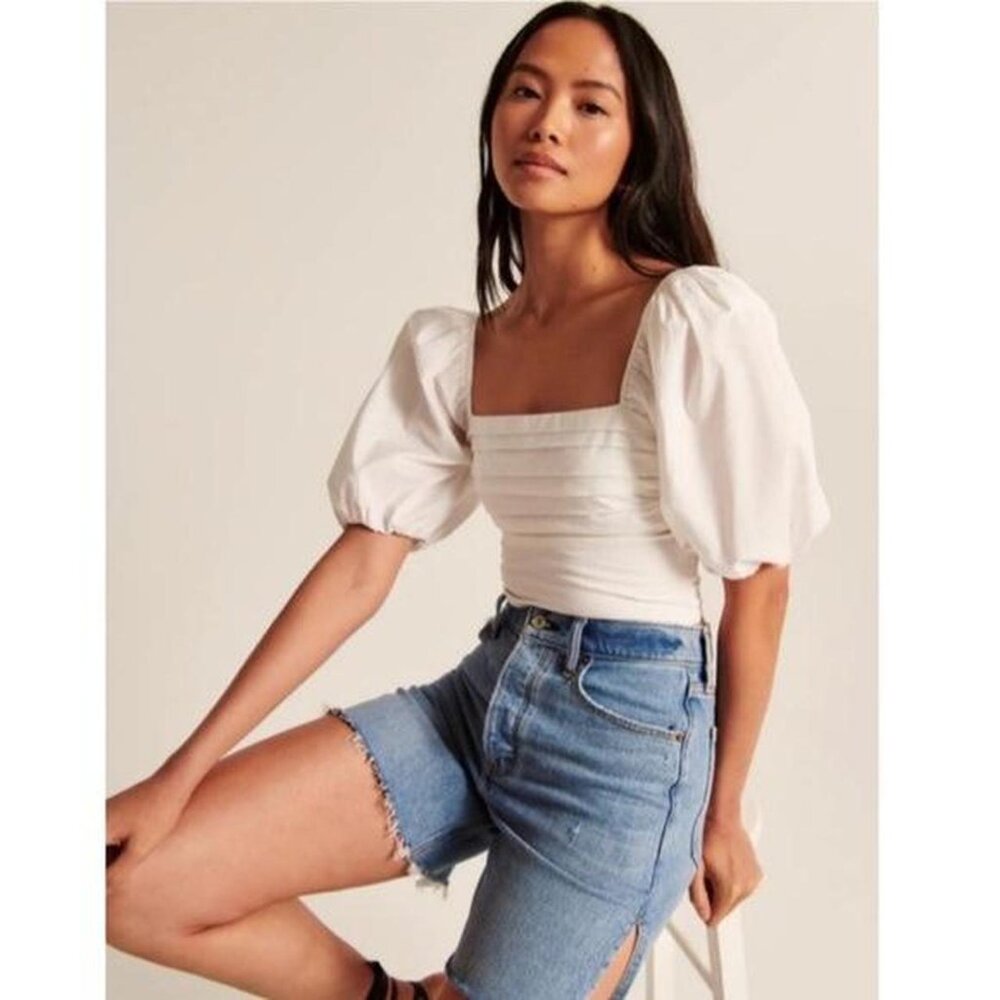 Abercrombie & Fitch White Square Neck Rouched Puff Sleeve Top- Size L